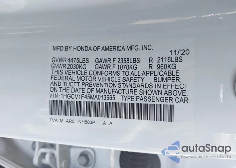 2021 Honda Accord Sport Special Edition from USA, damaged, VIN 1HGCV1F45MA013665